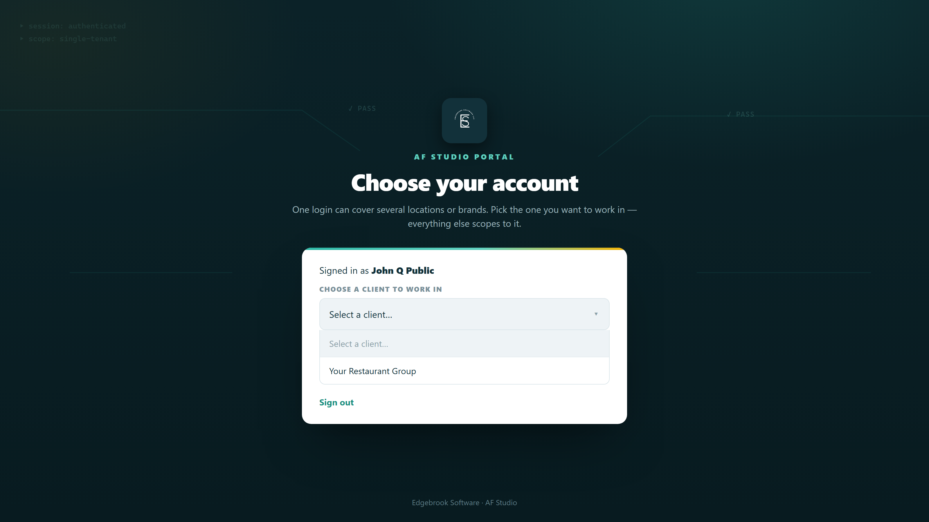 AF Studio choose-account screen