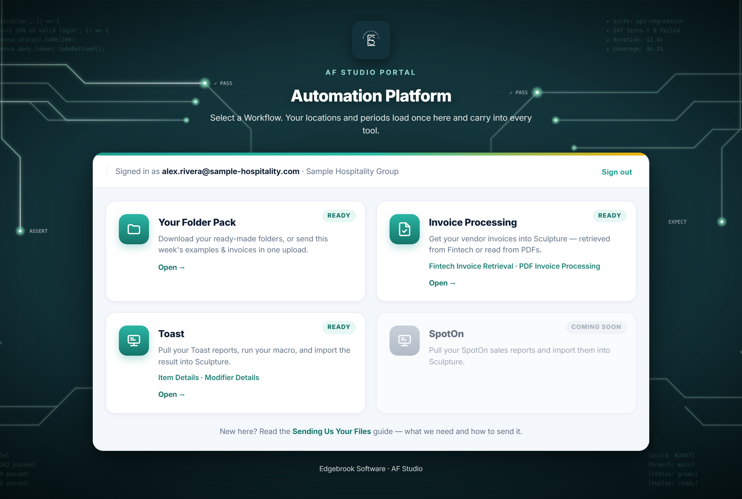 Portal home with four cards: Your Folder Pack, Invoice Processing, Toast and SpotOn